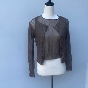 Brown with olive cast Sheer Button-Up Cardigan and sheer top 2 pc